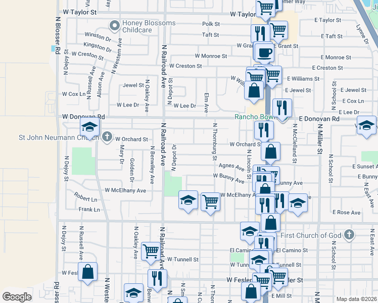 map of restaurants, bars, coffee shops, grocery stores, and more near 525 West Sunset Avenue in Santa Maria