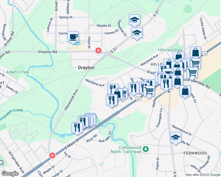 map of restaurants, bars, coffee shops, grocery stores, and more near 129 Towles Court in Spartanburg