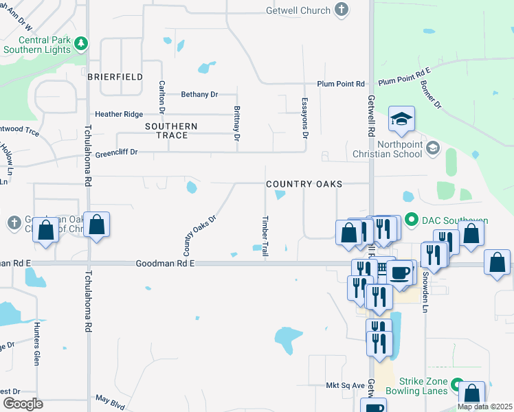 map of restaurants, bars, coffee shops, grocery stores, and more near 7205 Timber Trail in Southaven