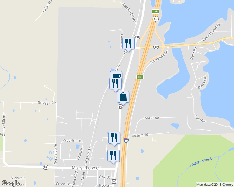 map of restaurants, bars, coffee shops, grocery stores, and more near 582 Highway 365 in Mayflower