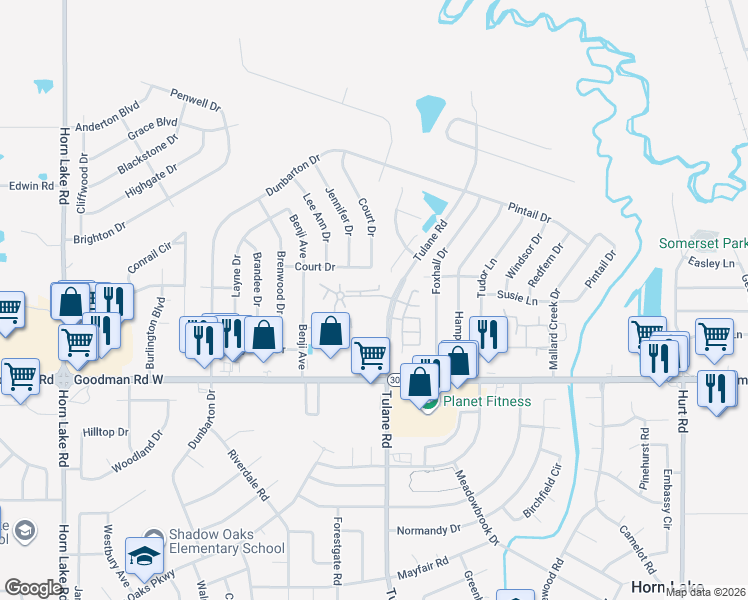 map of restaurants, bars, coffee shops, grocery stores, and more near 7101 Tulane Road in Horn Lake