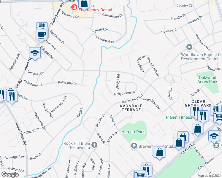 map of restaurants, bars, coffee shops, grocery stores, and more near 1490 Hollythorne Drive in Rock Hill
