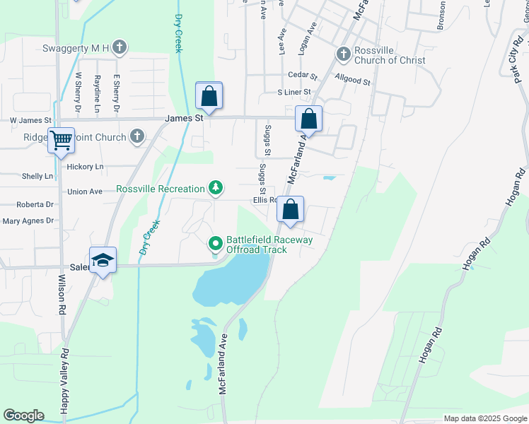 map of restaurants, bars, coffee shops, grocery stores, and more near 26 Ellis Road in Rossville