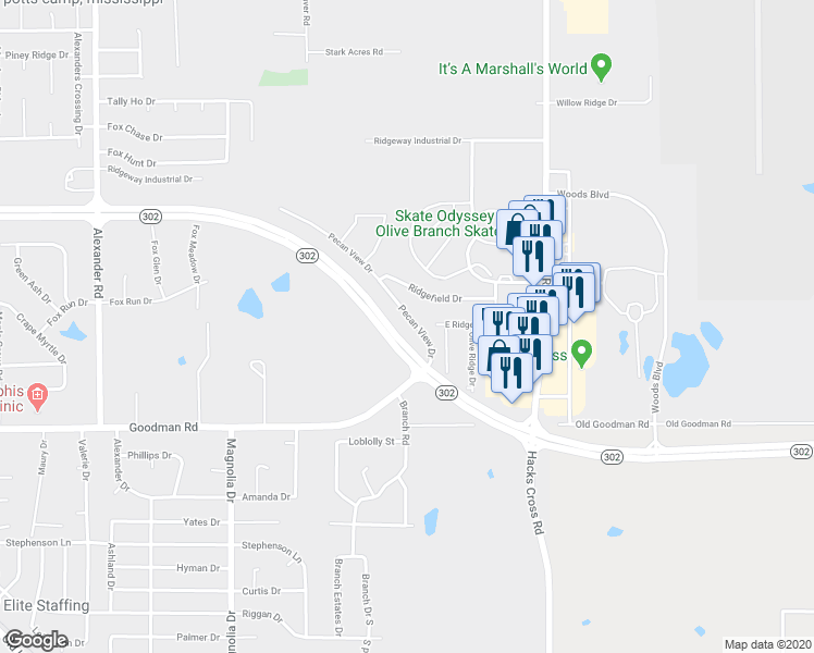 map of restaurants, bars, coffee shops, grocery stores, and more near 10733 Pecan View Drive in Olive Branch