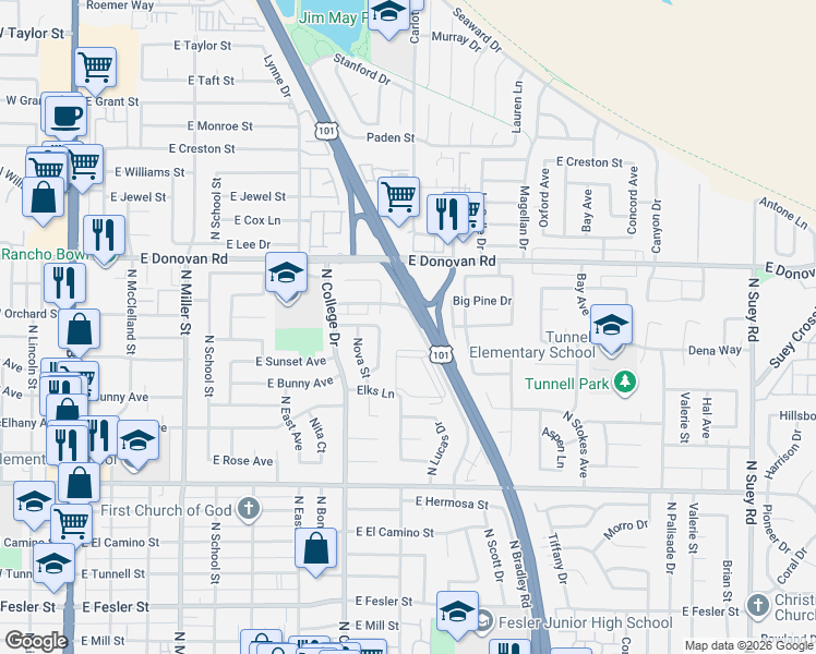 map of restaurants, bars, coffee shops, grocery stores, and more near 1321 North Bradley Road in Santa Maria