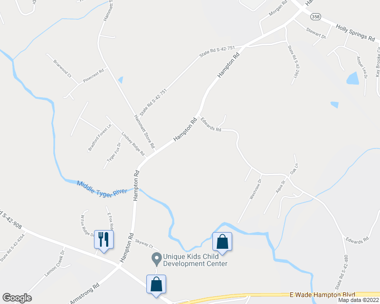map of restaurants, bars, coffee shops, grocery stores, and more near 143 Hampton Road in Lyman