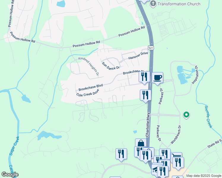 map of restaurants, bars, coffee shops, grocery stores, and more near 8212 Long Branch Lane in Indian Land