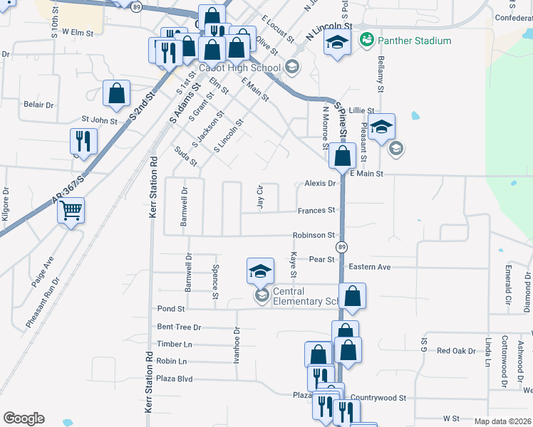 map of restaurants, bars, coffee shops, grocery stores, and more near 39 Frances Street in Cabot