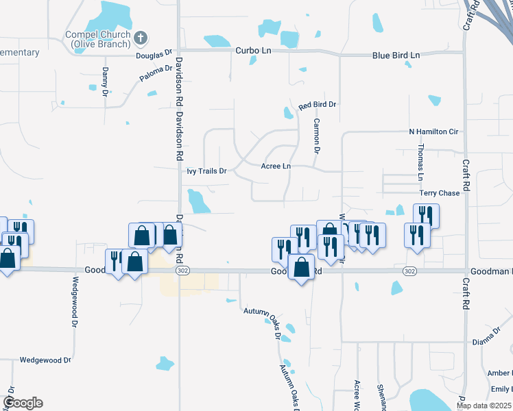 map of restaurants, bars, coffee shops, grocery stores, and more near 6257 Saddletrail Drive in Olive Branch