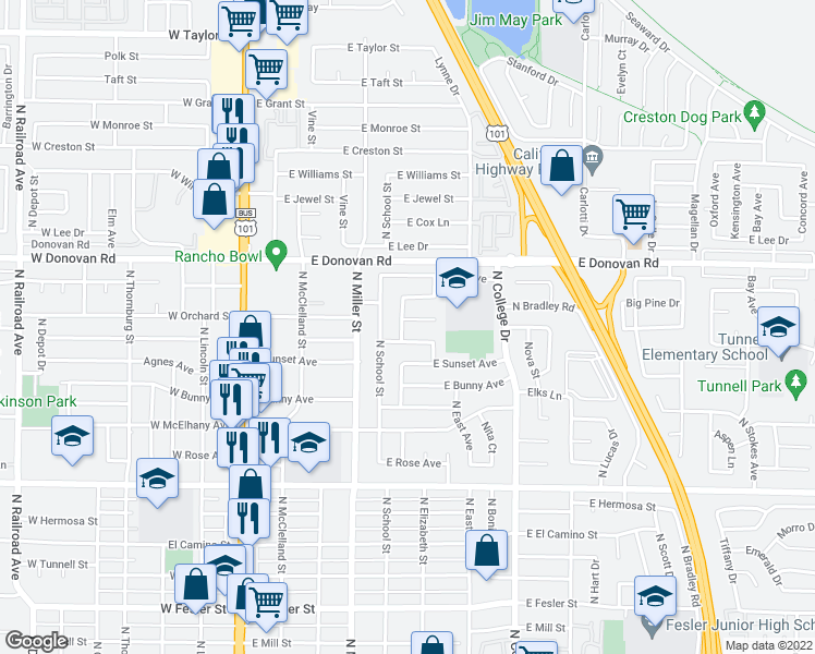 map of restaurants, bars, coffee shops, grocery stores, and more near 502 East Orchard Street in Santa Maria