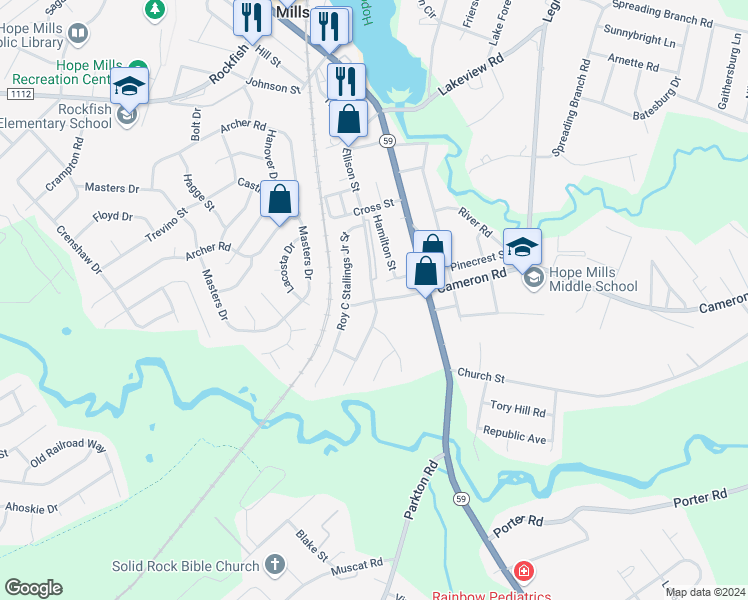 map of restaurants, bars, coffee shops, grocery stores, and more near 6003 William Bill Luther Drive in Hope Mills