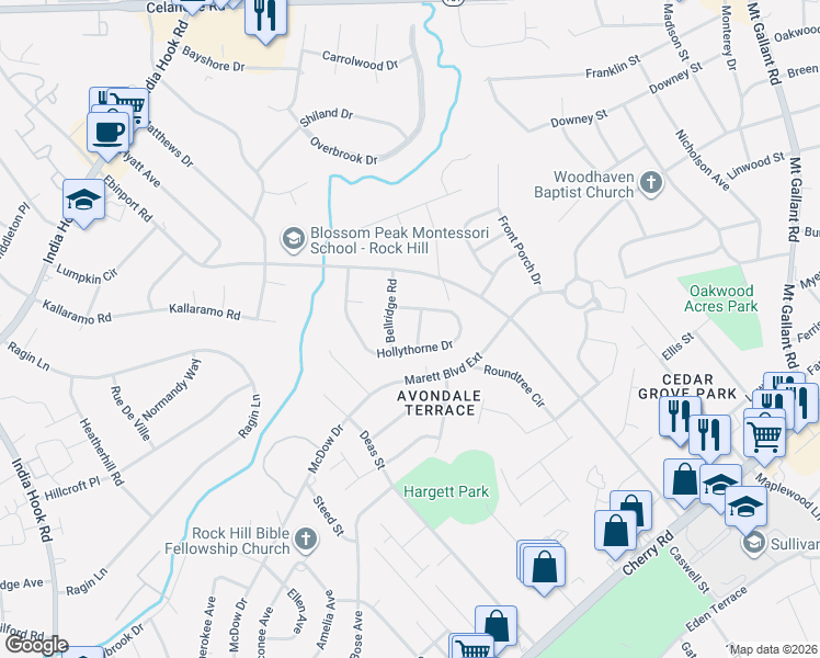 map of restaurants, bars, coffee shops, grocery stores, and more near 1504 Bellridge Road in Rock Hill