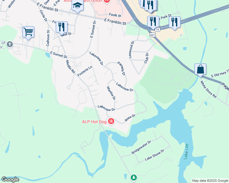 map of restaurants, bars, coffee shops, grocery stores, and more near 1110 Martha Drive in Monroe
