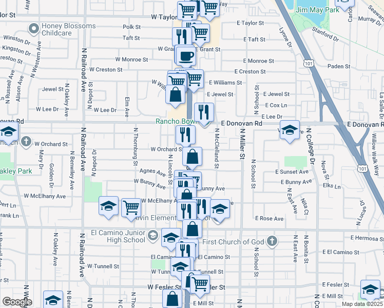 map of restaurants, bars, coffee shops, grocery stores, and more near 1318 North Broadway in Santa Maria