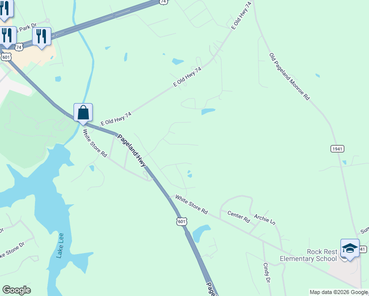 map of restaurants, bars, coffee shops, grocery stores, and more near 1915 Pageland Highway in Monroe