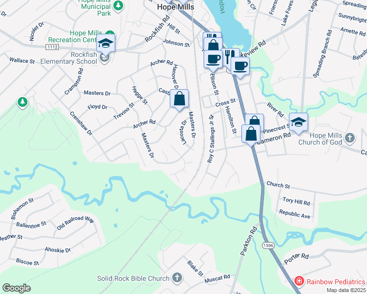 map of restaurants, bars, coffee shops, grocery stores, and more near 5619 Lacosta Drive in Hope Mills