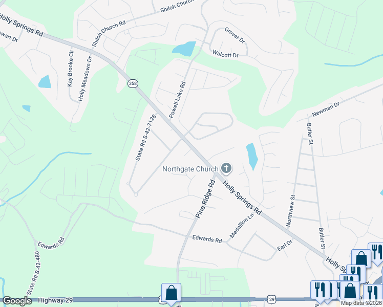 map of restaurants, bars, coffee shops, grocery stores, and more near 645 Holly Springs Road in Lyman