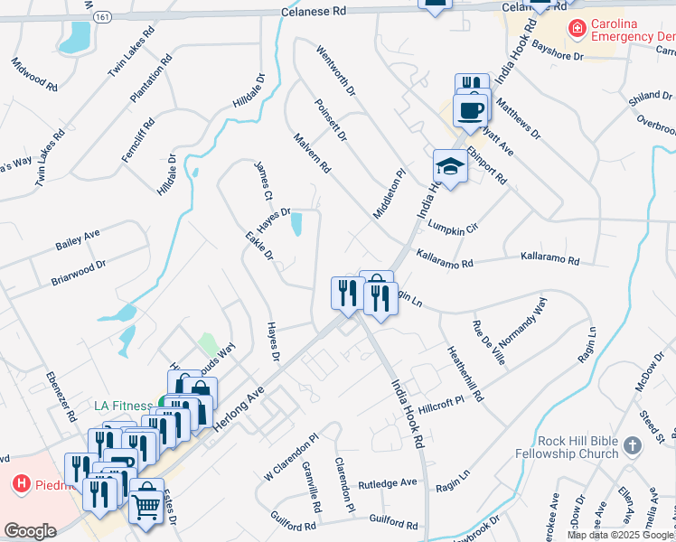 map of restaurants, bars, coffee shops, grocery stores, and more near 1981 Hamptonwood Road in Rock Hill