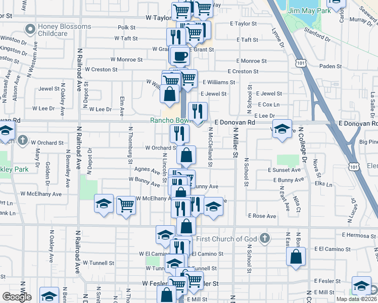 map of restaurants, bars, coffee shops, grocery stores, and more near 1330 North Broadway in Santa Maria