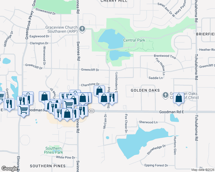 map of restaurants, bars, coffee shops, grocery stores, and more near 1153 Charstone Drive in Southaven