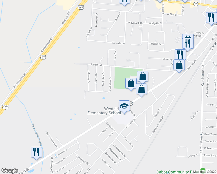 map of restaurants, bars, coffee shops, grocery stores, and more near 33 Parkview Drive in Cabot