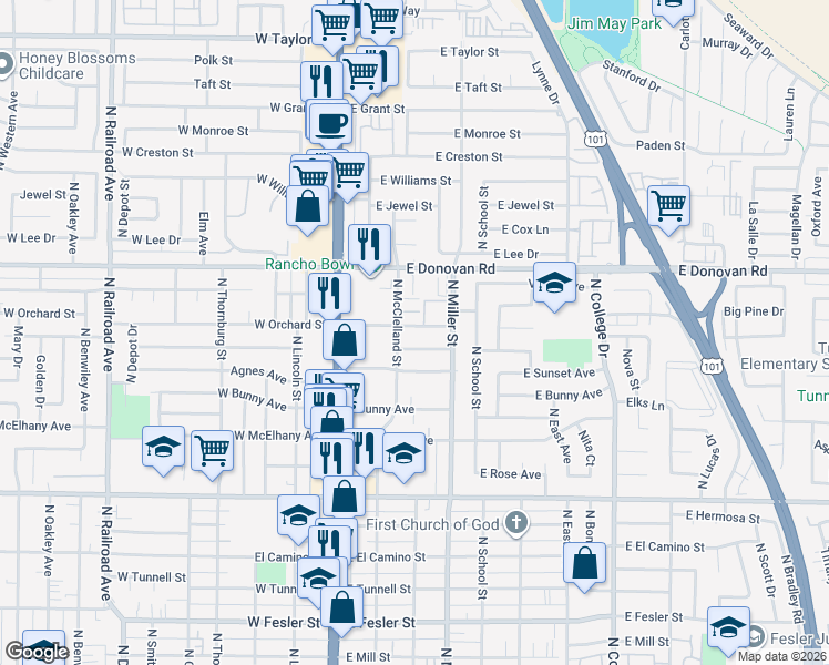 map of restaurants, bars, coffee shops, grocery stores, and more near 212 East Orchard Street in Santa Maria