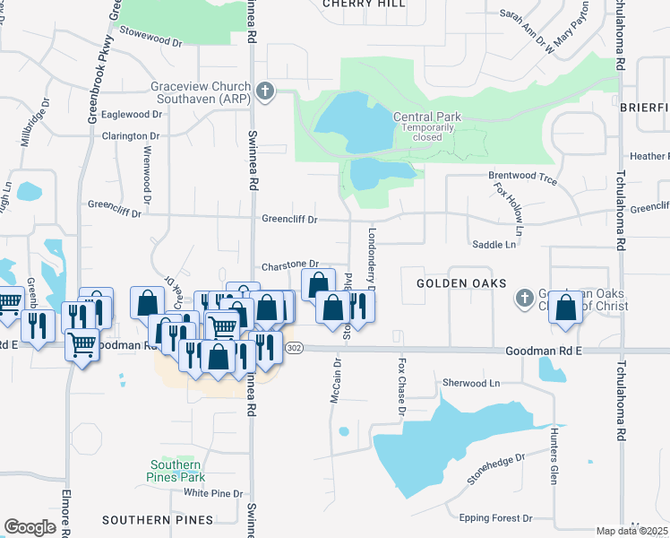 map of restaurants, bars, coffee shops, grocery stores, and more near 1145 Charstone Drive in Southaven