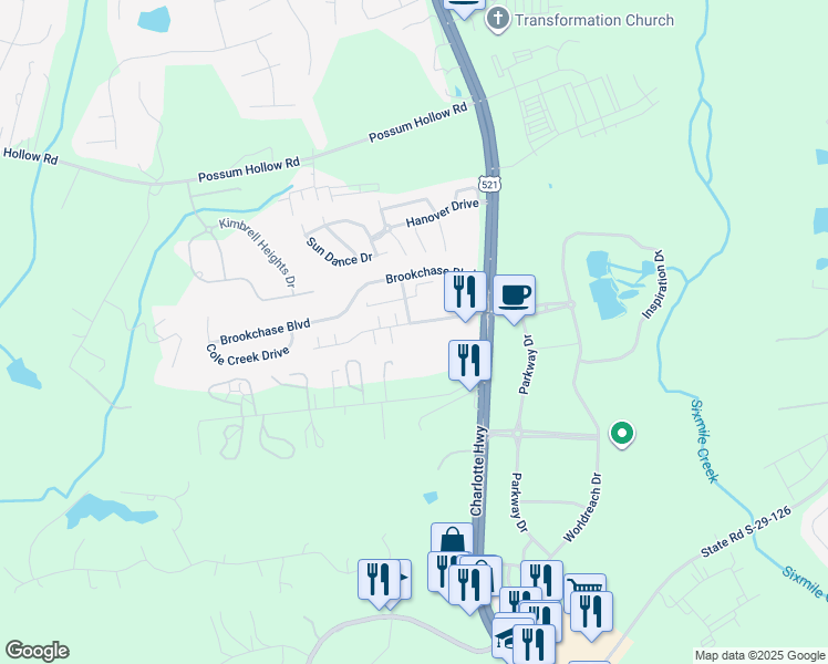 map of restaurants, bars, coffee shops, grocery stores, and more near 9030 Northfield Drive in Fort Mill