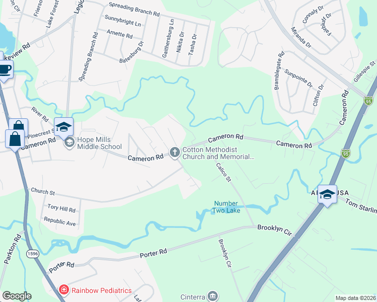 map of restaurants, bars, coffee shops, grocery stores, and more near 4641 Cameron Road in Hope Mills