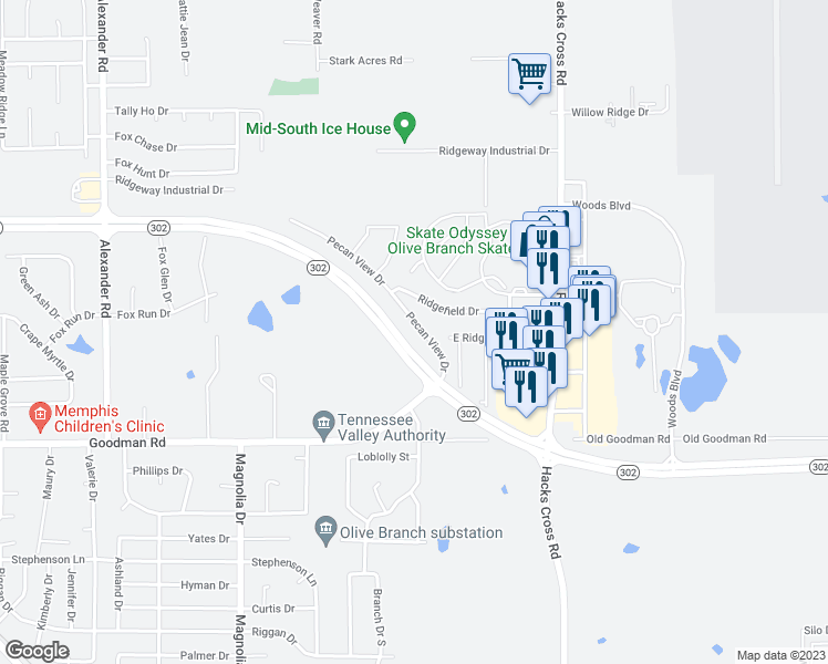 map of restaurants, bars, coffee shops, grocery stores, and more near 10725 Pecan View Drive in Olive Branch
