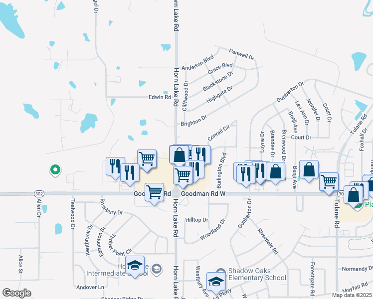 map of restaurants, bars, coffee shops, grocery stores, and more near 7300 Horn Lake Road in Horn Lake