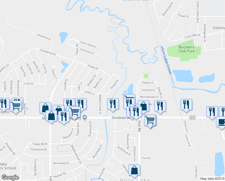 map of restaurants, bars, coffee shops, grocery stores, and more near 7320 Susie Lane in Horn Lake