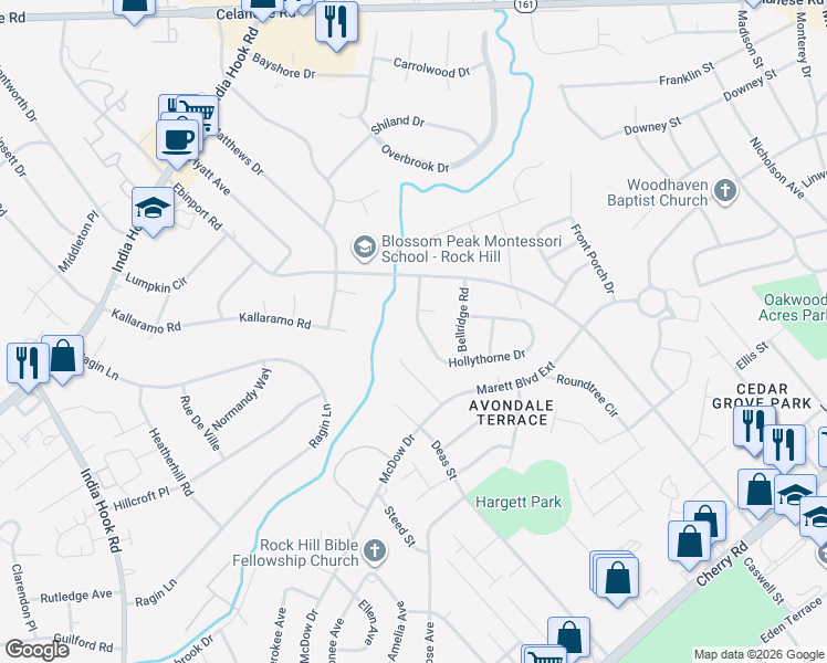 map of restaurants, bars, coffee shops, grocery stores, and more near 1521 Hollythorne Drive in Rock Hill
