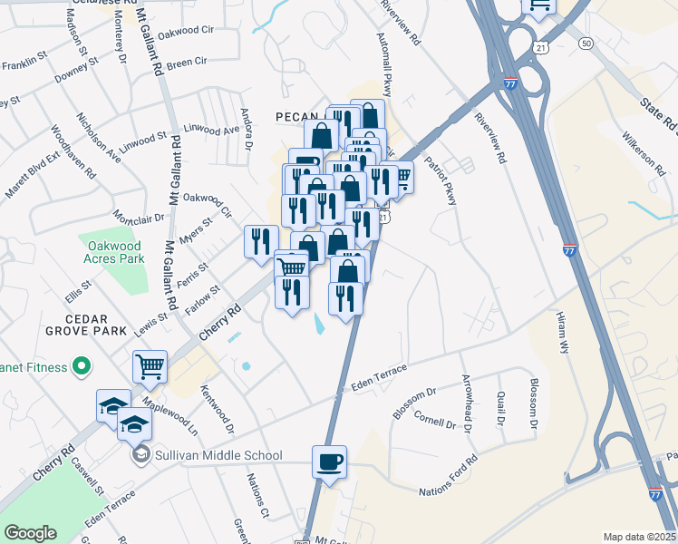 map of restaurants, bars, coffee shops, grocery stores, and more near 2302 Cherry Road in Rock Hill