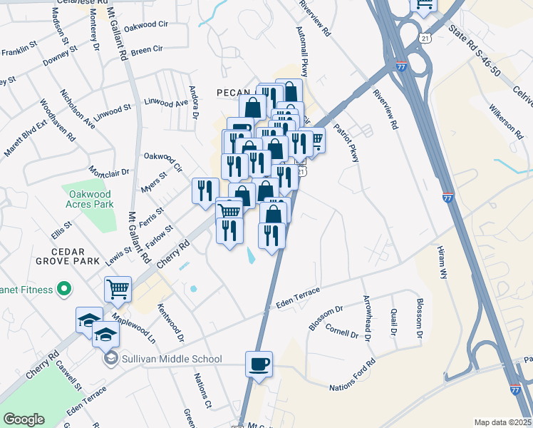 map of restaurants, bars, coffee shops, grocery stores, and more near 2302 Cherry Road in Rock Hill