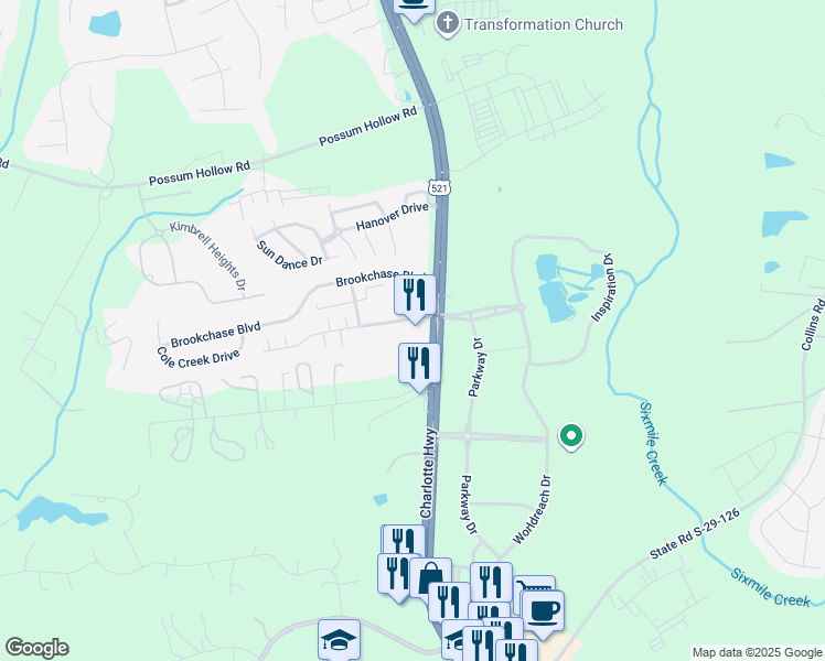 map of restaurants, bars, coffee shops, grocery stores, and more near 1821 Sandal Brook Road in Indian Land