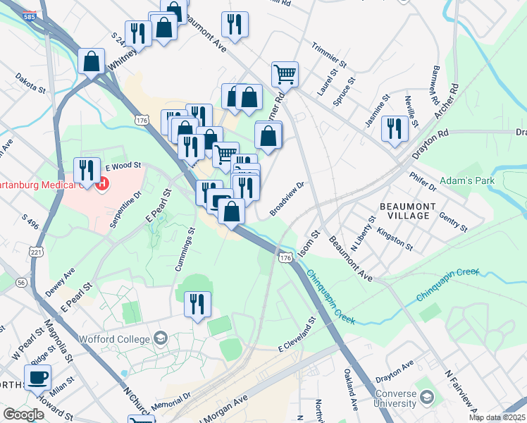 map of restaurants, bars, coffee shops, grocery stores, and more near 240 Broadview Drive in Spartanburg