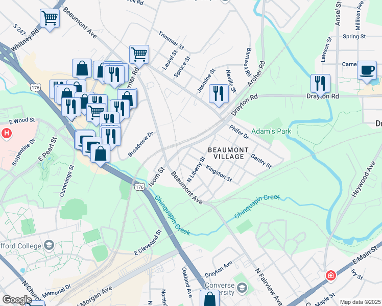 map of restaurants, bars, coffee shops, grocery stores, and more near 531 Kingston Street in Spartanburg