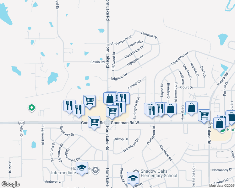 map of restaurants, bars, coffee shops, grocery stores, and more near 7300 Horn Lake Road in Horn Lake