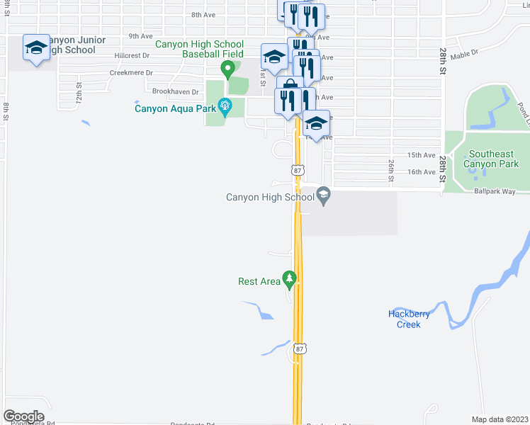 map of restaurants, bars, coffee shops, grocery stores, and more near 24200 U.S. 87 in Canyon