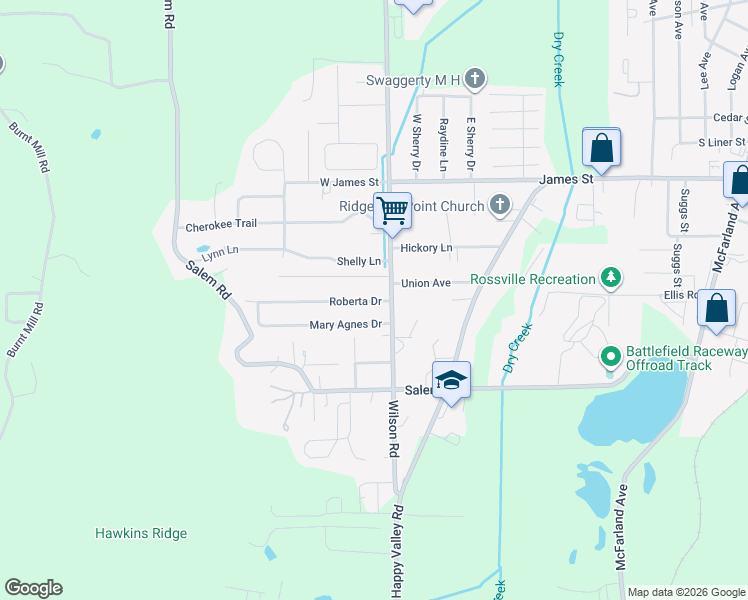 map of restaurants, bars, coffee shops, grocery stores, and more near 703 Fricks Lane in Rossville