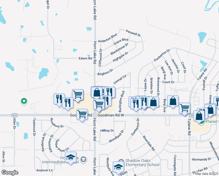 map of restaurants, bars, coffee shops, grocery stores, and more near 3864 Conrail Circle in Horn Lake