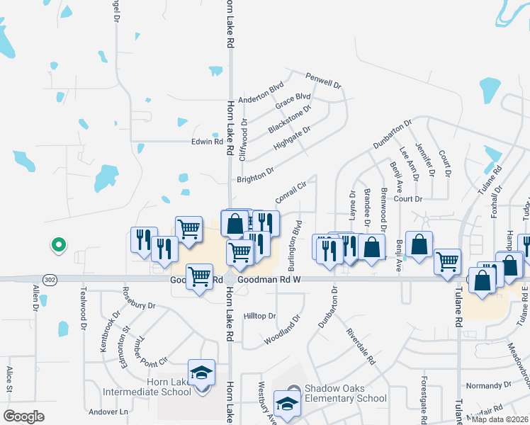 map of restaurants, bars, coffee shops, grocery stores, and more near 3864 Conrail Circle in Horn Lake