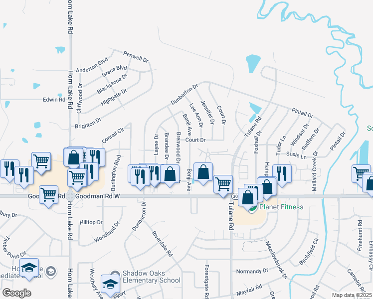 map of restaurants, bars, coffee shops, grocery stores, and more near 7142 Brenwood Drive in Horn Lake
