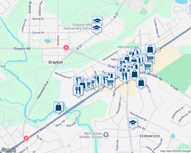 map of restaurants, bars, coffee shops, grocery stores, and more near 1285 Montview Street in Spartanburg