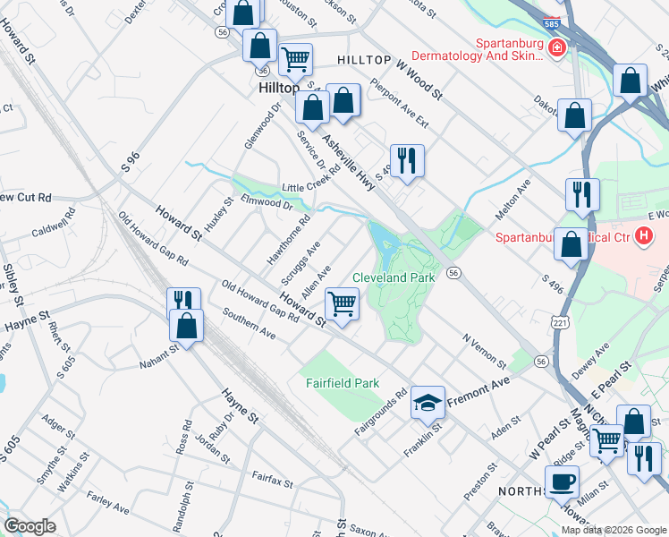 map of restaurants, bars, coffee shops, grocery stores, and more near 116 Allen Avenue in Spartanburg