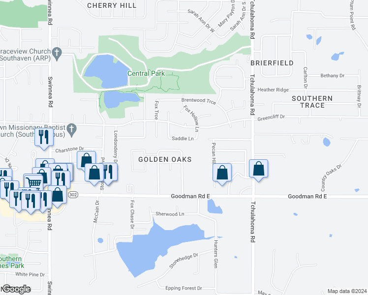 map of restaurants, bars, coffee shops, grocery stores, and more near 1646 Golden Oaks Loop North in Southaven
