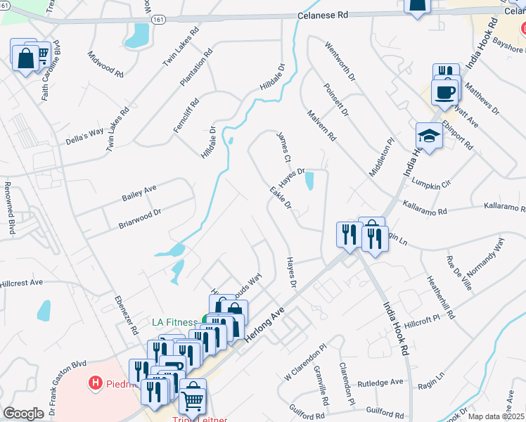 map of restaurants, bars, coffee shops, grocery stores, and more near 2041 Hayes Drive in Rock Hill