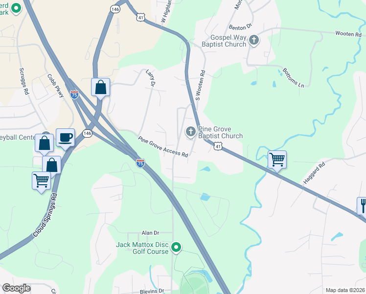 map of restaurants, bars, coffee shops, grocery stores, and more near 203 Pine Grove Road in Ringgold