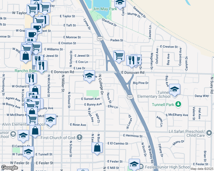 map of restaurants, bars, coffee shops, grocery stores, and more near 1424 North Bradley Road in Santa Maria